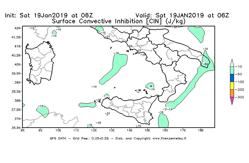 Mappa di analisi GFS - CIN [J/kg] in Sud-Italia
									del 19/01/2019 06 <!--googleoff: index-->UTC<!--googleon: index-->