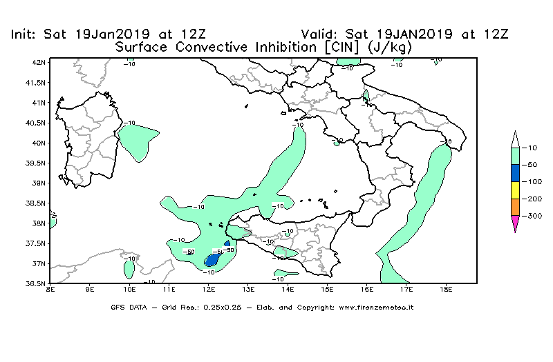 Mappa di analisi GFS - CIN [J/kg] in Sud-Italia
							del 19/01/2019 12 <!--googleoff: index-->UTC<!--googleon: index-->