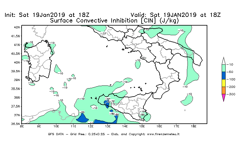 Mappa di analisi GFS - CIN [J/kg] in Sud-Italia
									del 19/01/2019 18 <!--googleoff: index-->UTC<!--googleon: index-->