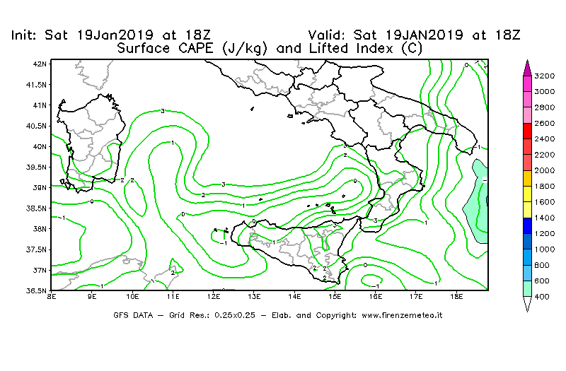 Mappa di analisi GFS - CAPE [J/kg] e Lifted Index [°C] in Sud-Italia
									del 19/01/2019 18 <!--googleoff: index-->UTC<!--googleon: index-->