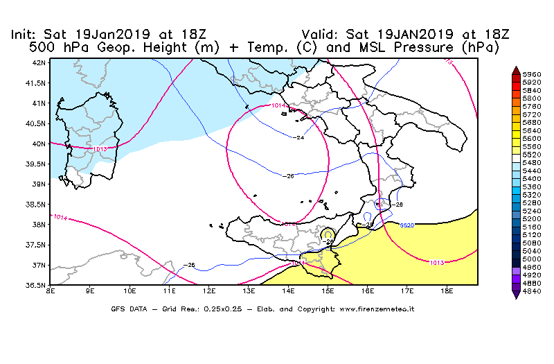 Mappa di analisi GFS - Geopotenziale [m] + Temp. [°C] a 500 hPa + Press. a livello del mare [hPa] in Sud-Italia
									del 19/01/2019 18 <!--googleoff: index-->UTC<!--googleon: index-->