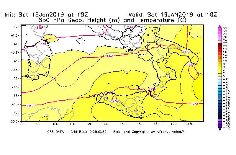 Mappa di analisi GFS - Geopotenziale [m] e Temperatura [°C] a 850 hPa in Sud-Italia
							del 19/01/2019 18 <!--googleoff: index-->UTC<!--googleon: index-->