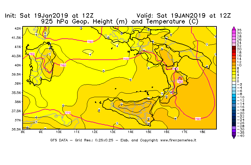 Mappa di analisi GFS - Geopotenziale [m] e Temperatura [°C] a 925 hPa in Sud-Italia
							del 19/01/2019 12 <!--googleoff: index-->UTC<!--googleon: index-->