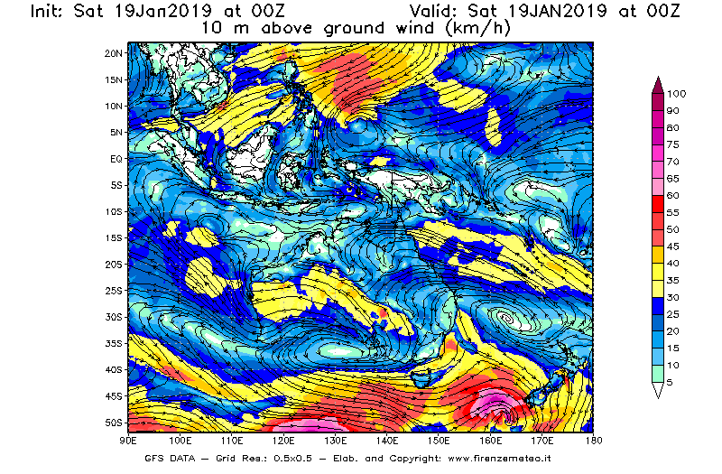 Mappa di analisi GFS - Velocità del vento a 10 metri dal suolo [km/h] in Oceania
									del 19/01/2019 00 <!--googleoff: index-->UTC<!--googleon: index-->