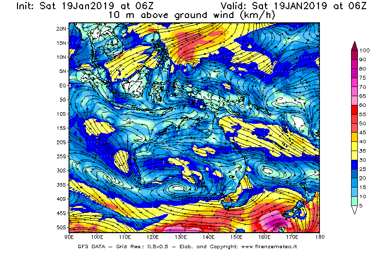 Mappa di analisi GFS - Velocità del vento a 10 metri dal suolo [km/h] in Oceania
									del 19/01/2019 06 <!--googleoff: index-->UTC<!--googleon: index-->