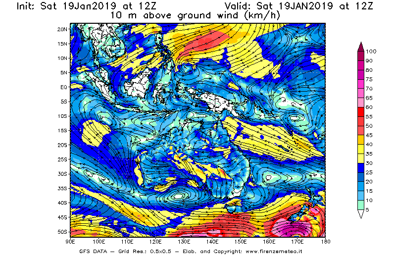 Mappa di analisi GFS - Velocità del vento a 10 metri dal suolo [km/h] in Oceania
							del 19/01/2019 12 <!--googleoff: index-->UTC<!--googleon: index-->