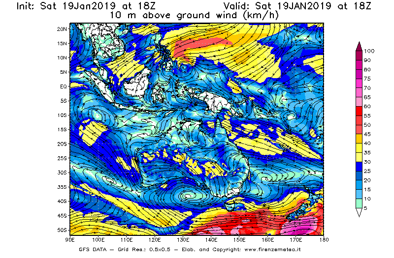Mappa di analisi GFS - Velocità del vento a 10 metri dal suolo [km/h] in Oceania
							del 19/01/2019 18 <!--googleoff: index-->UTC<!--googleon: index-->