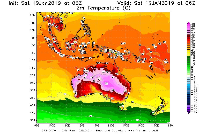 Mappa di analisi GFS - Temperatura a 2 metri dal suolo [°C] in Oceania
									del 19/01/2019 06 <!--googleoff: index-->UTC<!--googleon: index-->