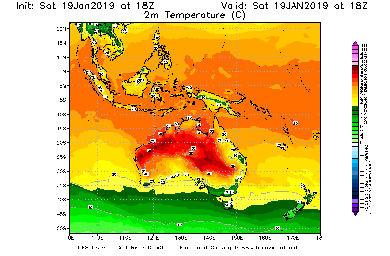 Mappa di analisi GFS - Temperatura a 2 metri dal suolo [°C] in Oceania
							del 19/01/2019 18 <!--googleoff: index-->UTC<!--googleon: index-->