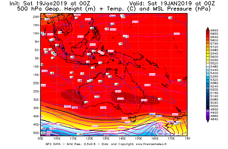Mappa di analisi GFS - Geopotenziale [m] + Temp. [°C] a 500 hPa + Press. a livello del mare [hPa] in Oceania
							del 19/01/2019 00 <!--googleoff: index-->UTC<!--googleon: index-->