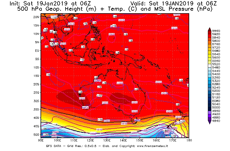 Mappa di analisi GFS - Geopotenziale [m] + Temp. [°C] a 500 hPa + Press. a livello del mare [hPa] in Oceania
							del 19/01/2019 06 <!--googleoff: index-->UTC<!--googleon: index-->