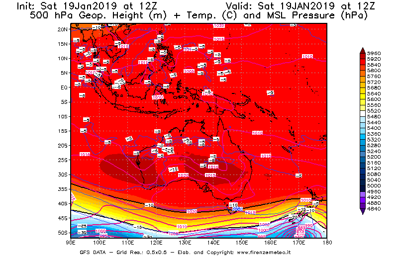 Mappa di analisi GFS - Geopotenziale [m] + Temp. [°C] a 500 hPa + Press. a livello del mare [hPa] in Oceania
									del 19/01/2019 12 <!--googleoff: index-->UTC<!--googleon: index-->