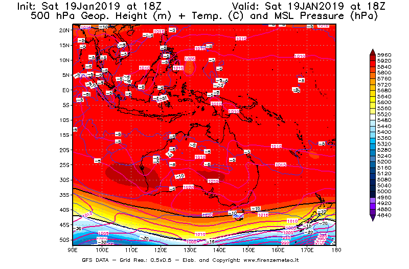 Mappa di analisi GFS - Geopotenziale [m] + Temp. [°C] a 500 hPa + Press. a livello del mare [hPa] in Oceania
									del 19/01/2019 18 <!--googleoff: index-->UTC<!--googleon: index-->