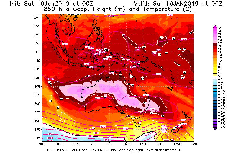 Mappa di analisi GFS - Geopotenziale [m] e Temperatura [°C] a 850 hPa in Oceania
									del 19/01/2019 00 <!--googleoff: index-->UTC<!--googleon: index-->