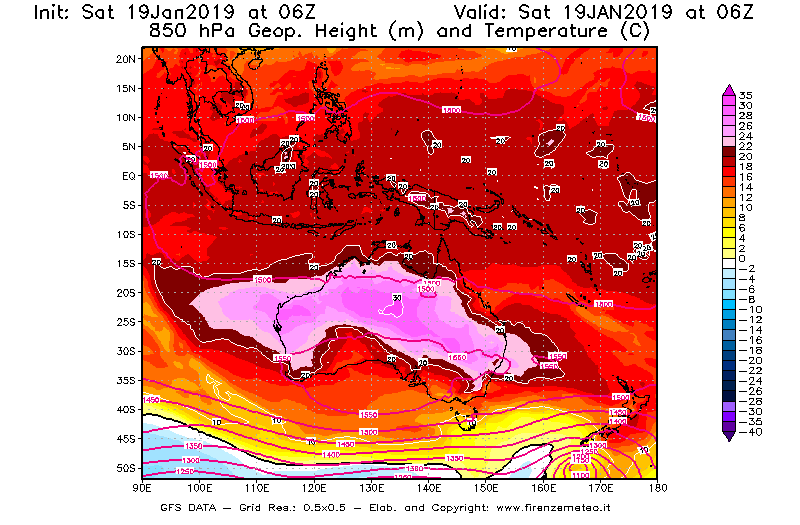Mappa di analisi GFS - Geopotenziale [m] e Temperatura [°C] a 850 hPa in Oceania
									del 19/01/2019 06 <!--googleoff: index-->UTC<!--googleon: index-->