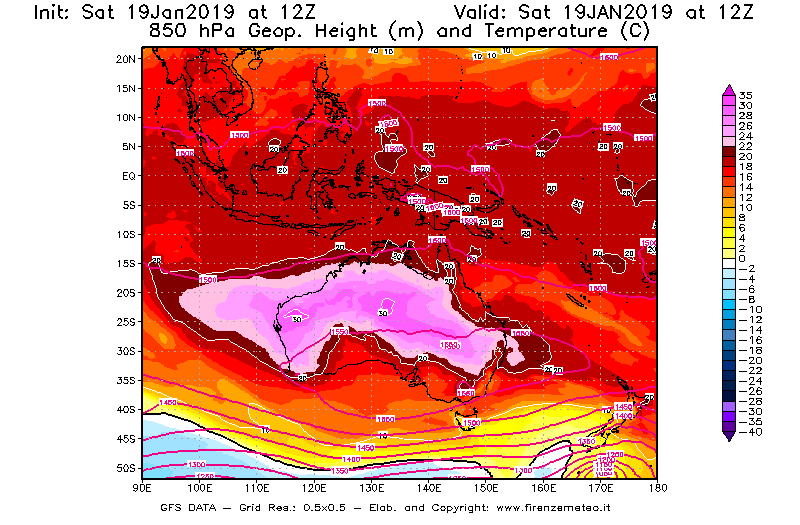 Mappa di analisi GFS - Geopotenziale [m] e Temperatura [°C] a 850 hPa in Oceania
									del 19/01/2019 12 <!--googleoff: index-->UTC<!--googleon: index-->