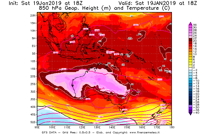 Mappa di analisi GFS - Geopotenziale [m] e Temperatura [°C] a 850 hPa in Oceania
							del 19/01/2019 18 <!--googleoff: index-->UTC<!--googleon: index-->
