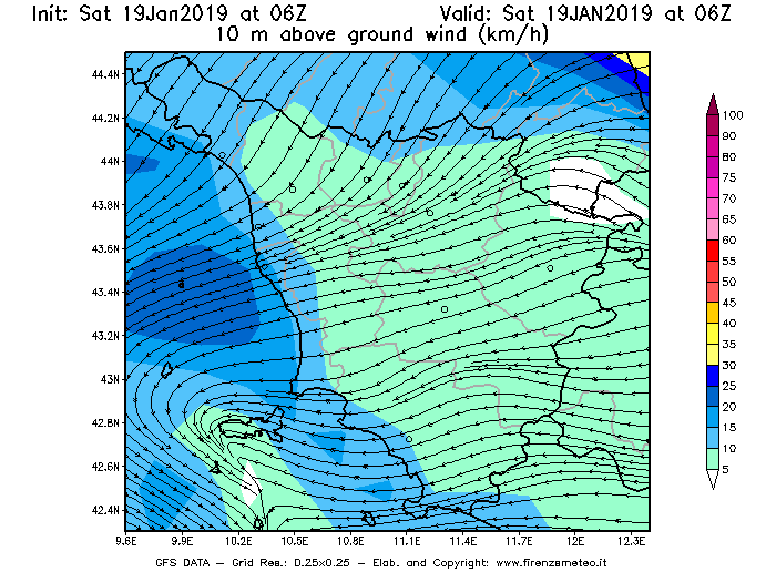 Mappa di analisi GFS - Velocità del vento a 10 metri dal suolo [km/h] in Toscana
									del 19/01/2019 06 <!--googleoff: index-->UTC<!--googleon: index-->