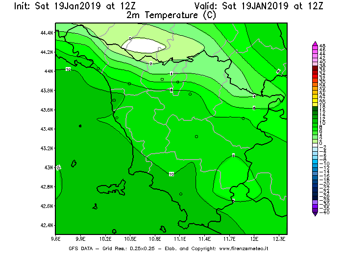 Mappa di analisi GFS - Temperatura a 2 metri dal suolo [°C] in Toscana
							del 19/01/2019 12 <!--googleoff: index-->UTC<!--googleon: index-->