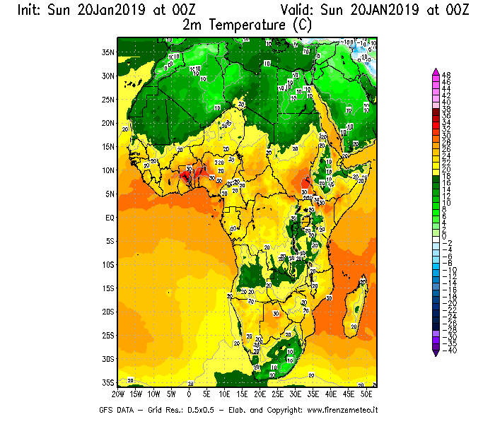 Mappa di analisi GFS - Temperatura a 2 metri dal suolo [°C] in Africa
									del 20/01/2019 00 <!--googleoff: index-->UTC<!--googleon: index-->