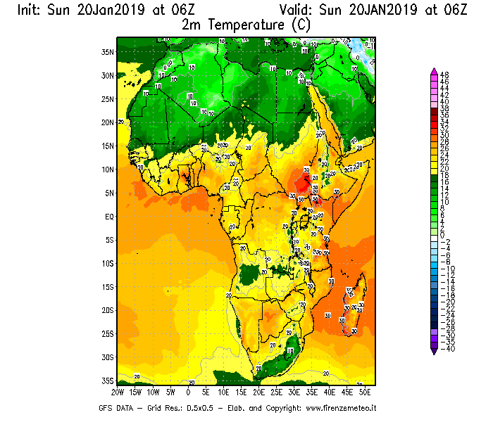 Mappa di analisi GFS - Temperatura a 2 metri dal suolo [°C] in Africa
									del 20/01/2019 06 <!--googleoff: index-->UTC<!--googleon: index-->