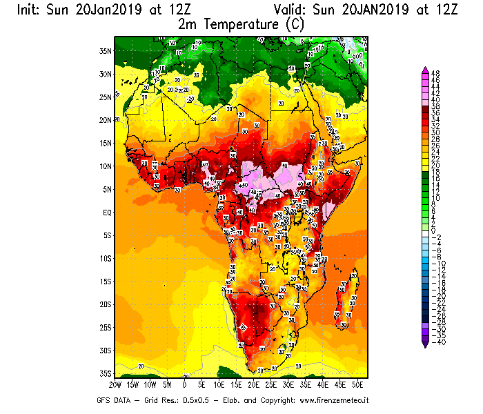 Mappa di analisi GFS - Temperatura a 2 metri dal suolo [°C] in Africa
									del 20/01/2019 12 <!--googleoff: index-->UTC<!--googleon: index-->