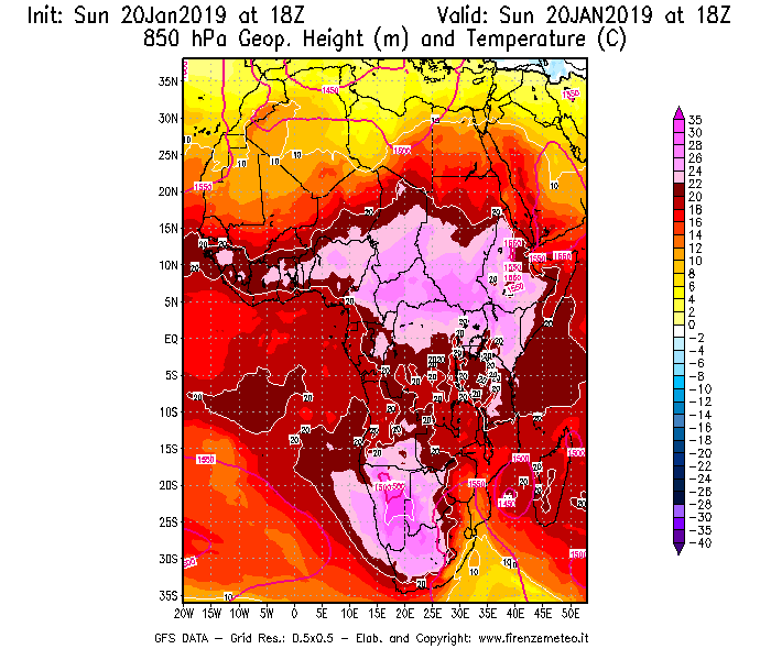 Mappa di analisi GFS - Geopotenziale [m] e Temperatura [°C] a 850 hPa in Africa
									del 20/01/2019 18 <!--googleoff: index-->UTC<!--googleon: index-->