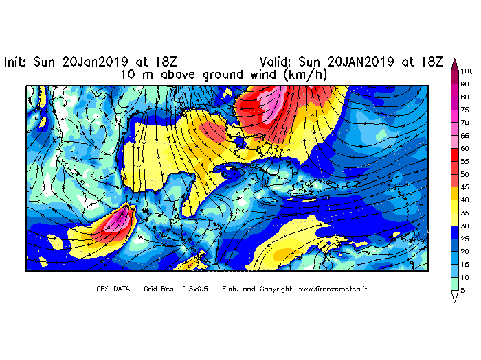 Mappa di analisi GFS - Velocità del vento a 10 metri dal suolo [km/h] in Centro-America
									del 20/01/2019 18 <!--googleoff: index-->UTC<!--googleon: index-->