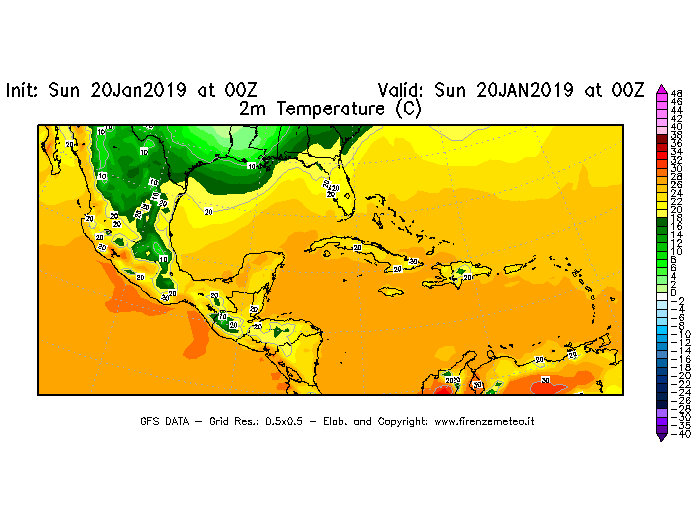 Mappa di analisi GFS - Temperatura a 2 metri dal suolo [°C] in Centro-America
									del 20/01/2019 00 <!--googleoff: index-->UTC<!--googleon: index-->