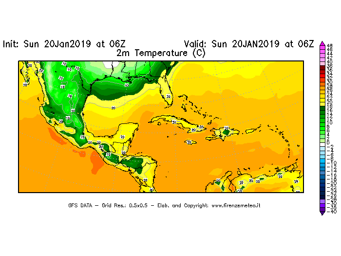Mappa di analisi GFS - Temperatura a 2 metri dal suolo [°C] in Centro-America
									del 20/01/2019 06 <!--googleoff: index-->UTC<!--googleon: index-->