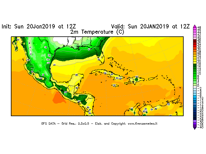 Mappa di analisi GFS - Temperatura a 2 metri dal suolo [°C] in Centro-America
									del 20/01/2019 12 <!--googleoff: index-->UTC<!--googleon: index-->