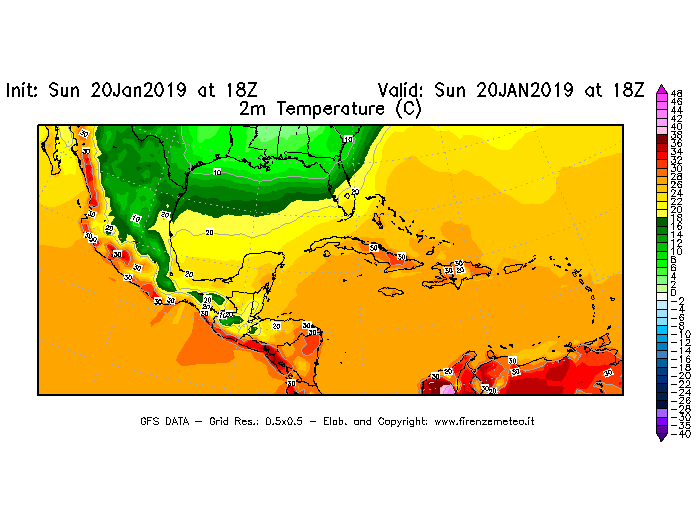 Mappa di analisi GFS - Temperatura a 2 metri dal suolo [°C] in Centro-America
									del 20/01/2019 18 <!--googleoff: index-->UTC<!--googleon: index-->