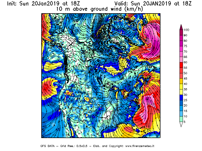 Mappa di analisi GFS - Velocità del vento a 10 metri dal suolo [km/h] in Nord-America
									del 20/01/2019 18 <!--googleoff: index-->UTC<!--googleon: index-->