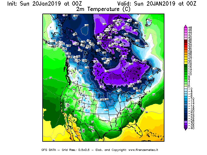 Mappa di analisi GFS - Temperatura a 2 metri dal suolo [°C] in Nord-America
									del 20/01/2019 00 <!--googleoff: index-->UTC<!--googleon: index-->