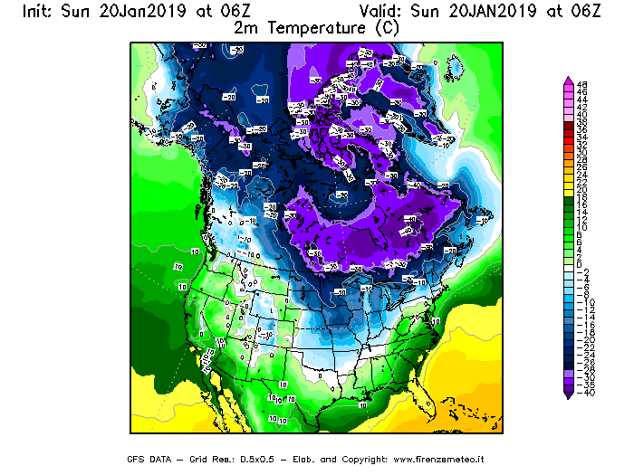 Mappa di analisi GFS - Temperatura a 2 metri dal suolo [°C] in Nord-America
									del 20/01/2019 06 <!--googleoff: index-->UTC<!--googleon: index-->