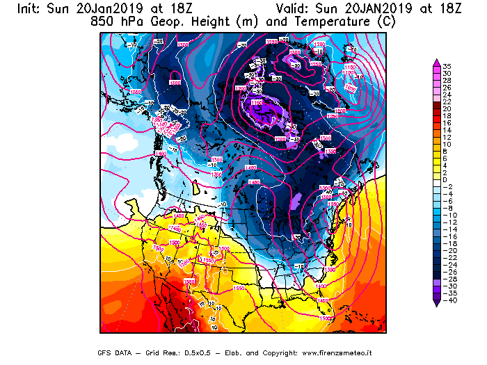 Mappa di analisi GFS - Geopotenziale [m] e Temperatura [°C] a 850 hPa in Nord-America
									del 20/01/2019 18 <!--googleoff: index-->UTC<!--googleon: index-->