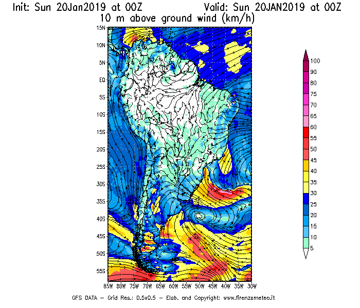 Mappa di analisi GFS - Velocità del vento a 10 metri dal suolo [km/h] in Sud-America
									del 20/01/2019 00 <!--googleoff: index-->UTC<!--googleon: index-->