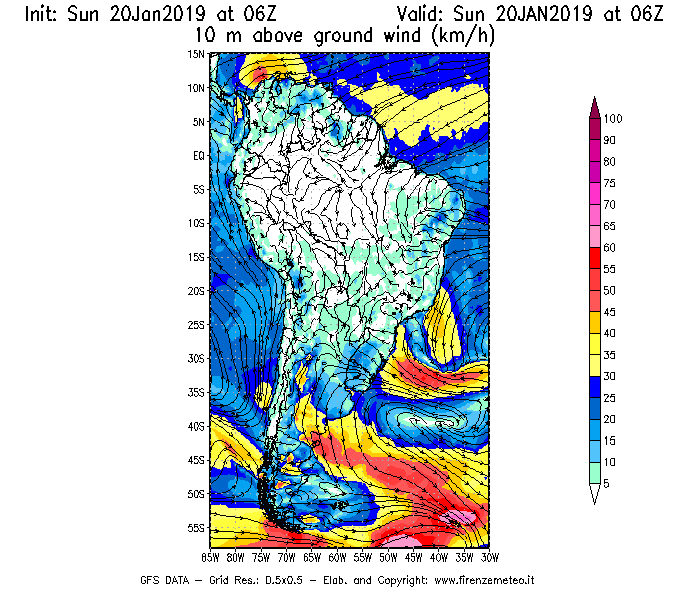 Mappa di analisi GFS - Velocità del vento a 10 metri dal suolo [km/h] in Sud-America
									del 20/01/2019 06 <!--googleoff: index-->UTC<!--googleon: index-->