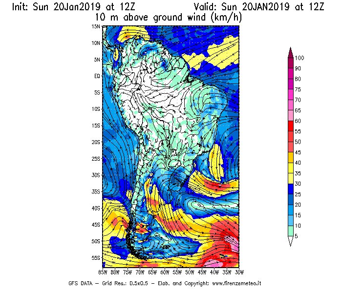 Mappa di analisi GFS - Velocità del vento a 10 metri dal suolo [km/h] in Sud-America
									del 20/01/2019 12 <!--googleoff: index-->UTC<!--googleon: index-->
