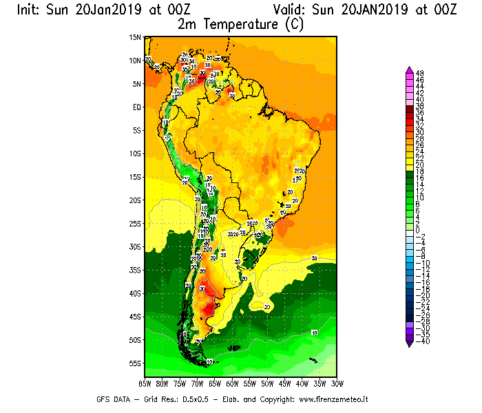 Mappa di analisi GFS - Temperatura a 2 metri dal suolo [°C] in Sud-America
									del 20/01/2019 00 <!--googleoff: index-->UTC<!--googleon: index-->