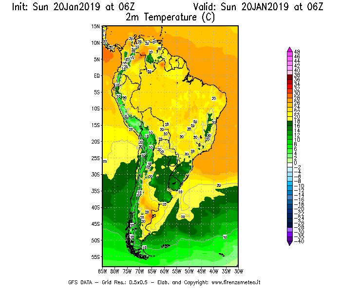 Mappa di analisi GFS - Temperatura a 2 metri dal suolo [°C] in Sud-America
									del 20/01/2019 06 <!--googleoff: index-->UTC<!--googleon: index-->