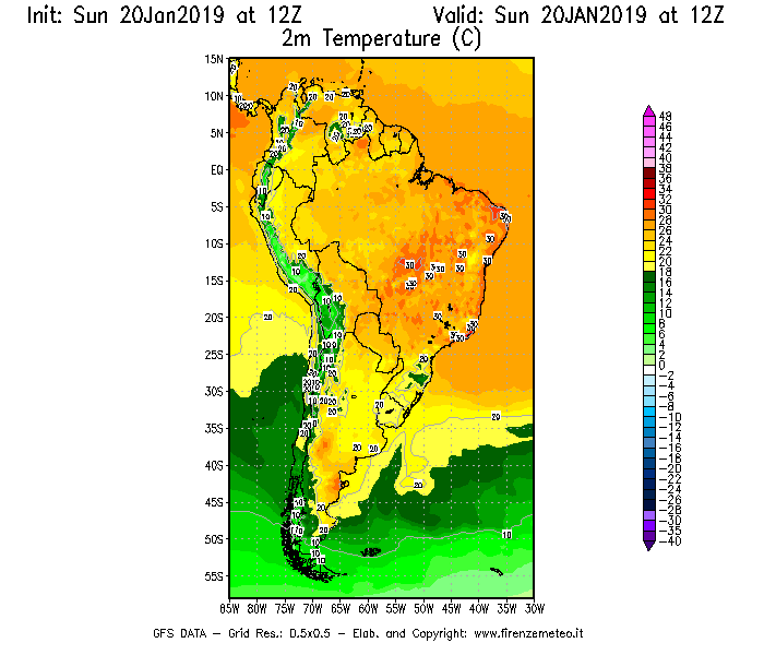 Mappa di analisi GFS - Temperatura a 2 metri dal suolo [°C] in Sud-America
									del 20/01/2019 12 <!--googleoff: index-->UTC<!--googleon: index-->