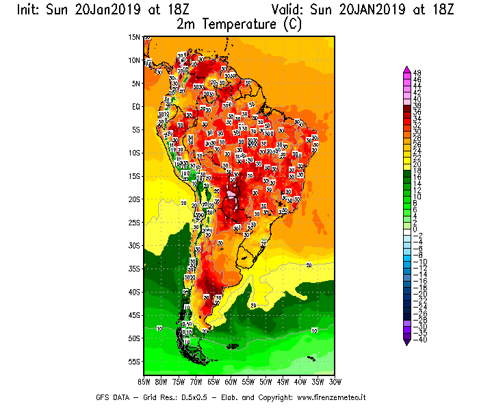 Mappa di analisi GFS - Temperatura a 2 metri dal suolo [°C] in Sud-America
									del 20/01/2019 18 <!--googleoff: index-->UTC<!--googleon: index-->