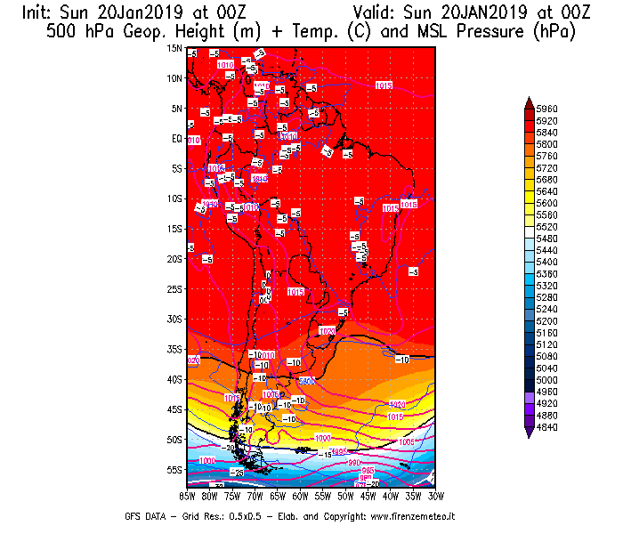 Mappa di analisi GFS - Geopotenziale [m] + Temp. [°C] a 500 hPa + Press. a livello del mare [hPa] in Sud-America
									del 20/01/2019 00 <!--googleoff: index-->UTC<!--googleon: index-->