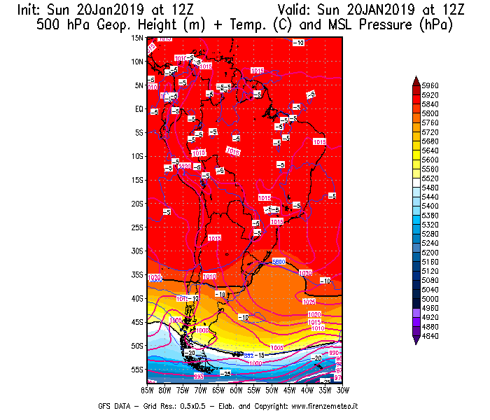 Mappa di analisi GFS - Geopotenziale [m] + Temp. [°C] a 500 hPa + Press. a livello del mare [hPa] in Sud-America
									del 20/01/2019 12 <!--googleoff: index-->UTC<!--googleon: index-->