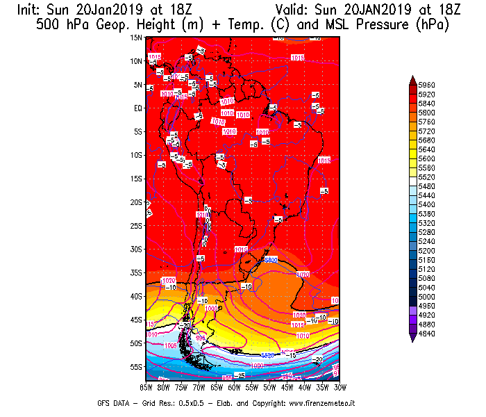 Mappa di analisi GFS - Geopotenziale [m] + Temp. [°C] a 500 hPa + Press. a livello del mare [hPa] in Sud-America
									del 20/01/2019 18 <!--googleoff: index-->UTC<!--googleon: index-->