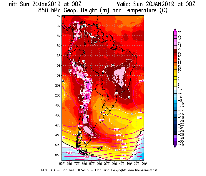 Mappa di analisi GFS - Geopotenziale [m] e Temperatura [°C] a 850 hPa in Sud-America
									del 20/01/2019 00 <!--googleoff: index-->UTC<!--googleon: index-->