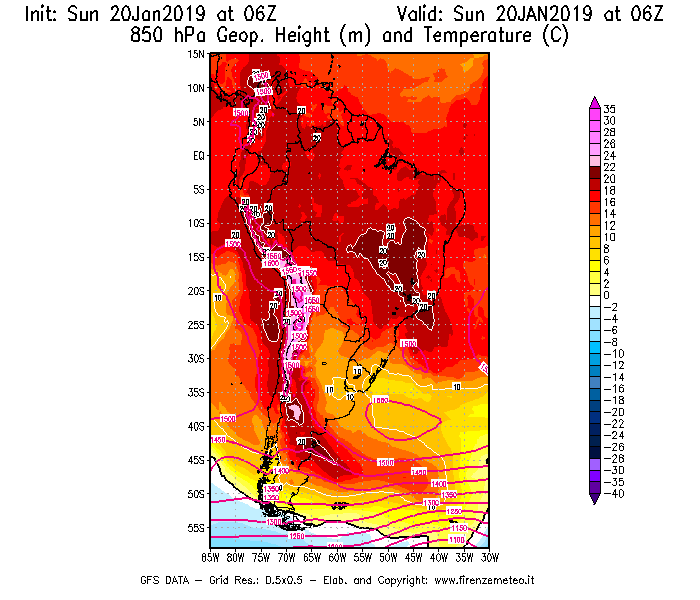 Mappa di analisi GFS - Geopotenziale [m] e Temperatura [°C] a 850 hPa in Sud-America
									del 20/01/2019 06 <!--googleoff: index-->UTC<!--googleon: index-->