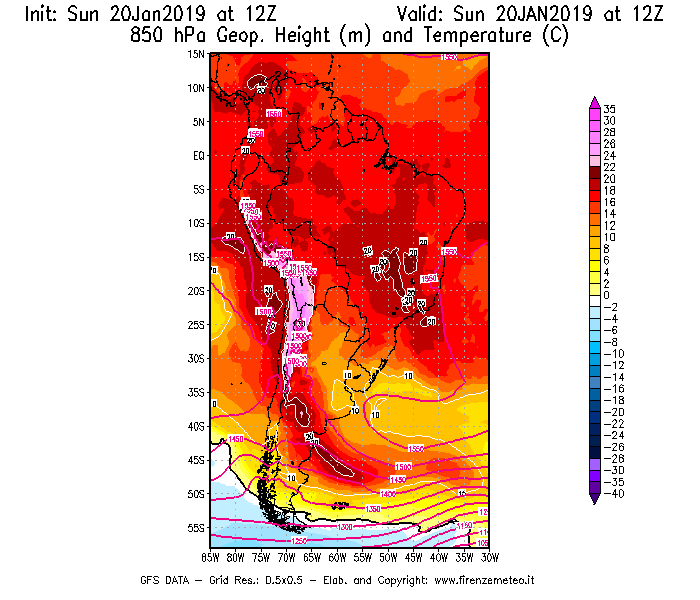 Mappa di analisi GFS - Geopotenziale [m] e Temperatura [°C] a 850 hPa in Sud-America
									del 20/01/2019 12 <!--googleoff: index-->UTC<!--googleon: index-->