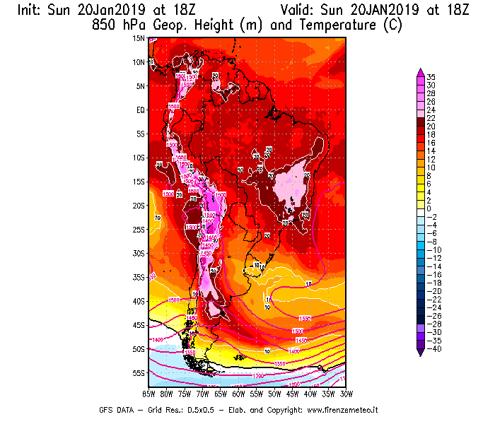 Mappa di analisi GFS - Geopotenziale [m] e Temperatura [°C] a 850 hPa in Sud-America
									del 20/01/2019 18 <!--googleoff: index-->UTC<!--googleon: index-->